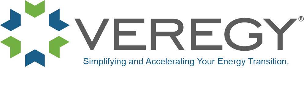 Veregy logo with blue and green arrows, text: 