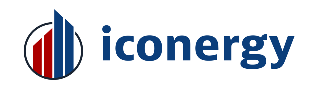 Iconergy logo with blue and red vertical bars inside a circle, followed by 